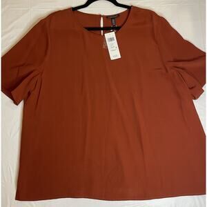 Eileen Fisher Lightweight Viscose Paprika Ballet Neck Top Large $178 KeyholeBack